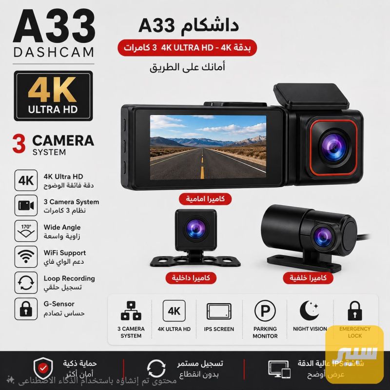 داشكام ٣ كامرات 4k دتعم صورة وصوت وسرعة سيارة GBS نضام وايفاي عل تلفون وحساس حركة - الكماليات والعدد